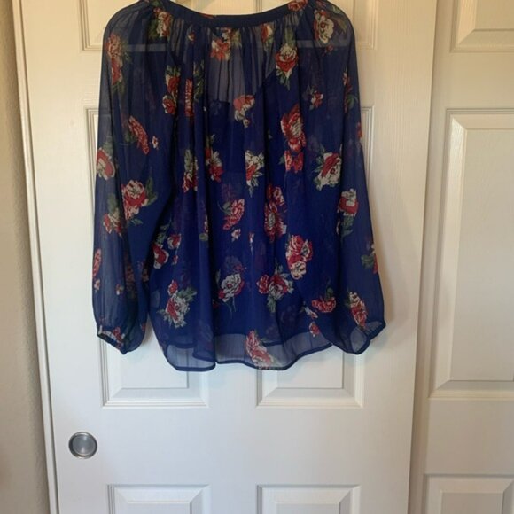 Women’s Lucky Brand Boho Royal Blue Floral LS Peasant Blouse | 1X NWT - Picture 5 of 6
